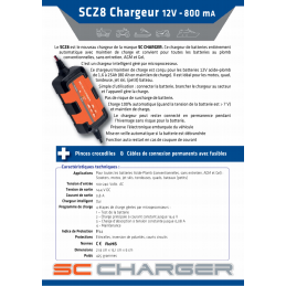 CHARGEUR DE BATTERIE ET MAINTIEN DE CHARGE SC CHARGER SCZ 8 AUTOMATIQUE 12V  800mA AVEC MAINTIEN DE CHARGE (CONVIENT POUR TOUTES BATTERIES AU PLOMB  CONVENTIONNELLES, SANS ENTRETIEN, AGM ET GEL) - P2R